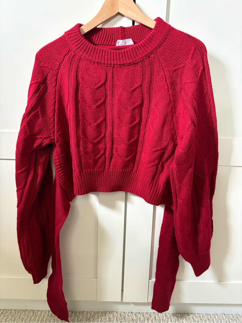 Sage Red Cable-Knit Cropped Crew Sweater